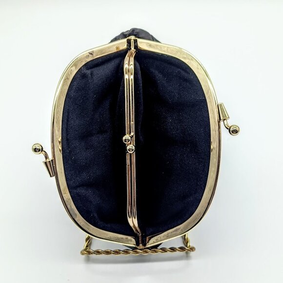 Vintage Black Eel Skin Leather Coin Purse Kiss Lock Clutch - Picture 6 of 8